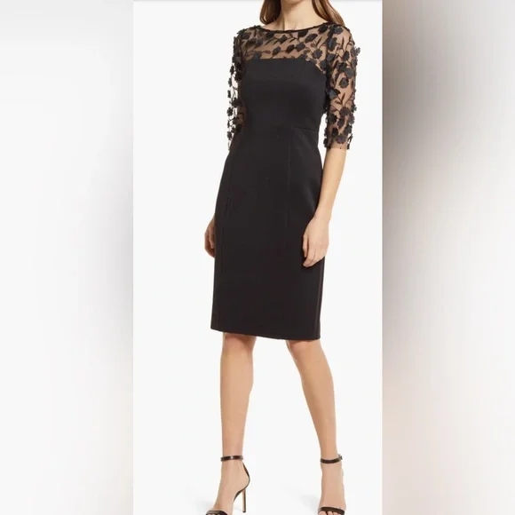 Eliza J NWT ABSOLUTELY STUNNING SIZE 6 Black Social Lace Sleeve Scuba Dress - Picture 1 of 8